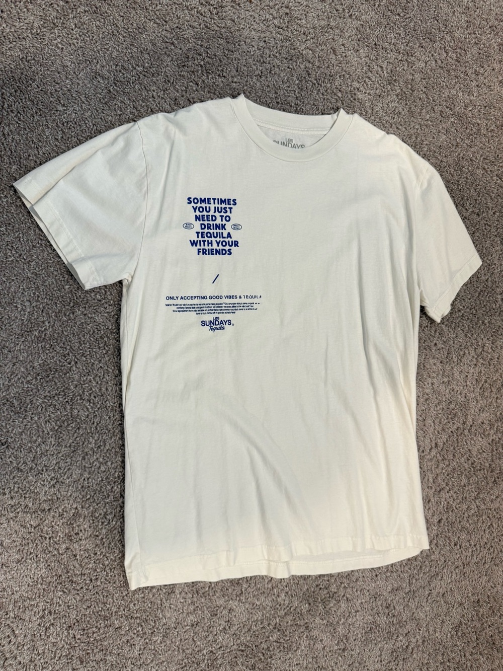 sundays White Tee with Blue Text Graphic